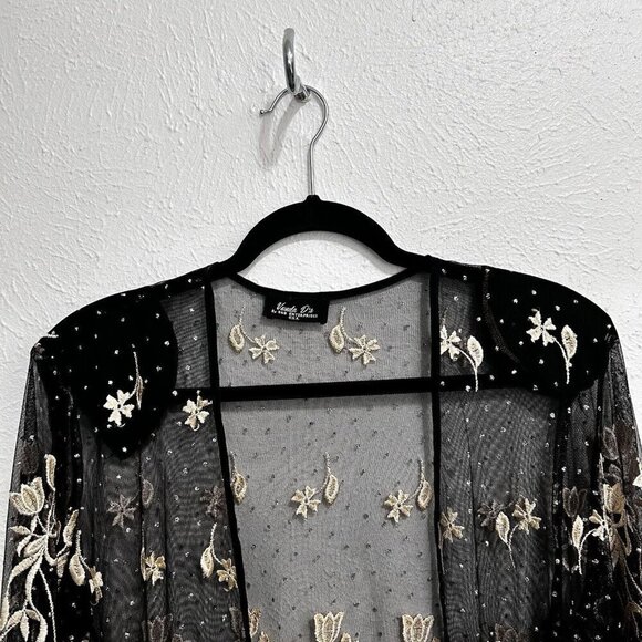 VTG 90s Vonda D’s Black Cream Floral Sheer Mesh Jacket Open Front Beaded Size L - Picture 2 of 12